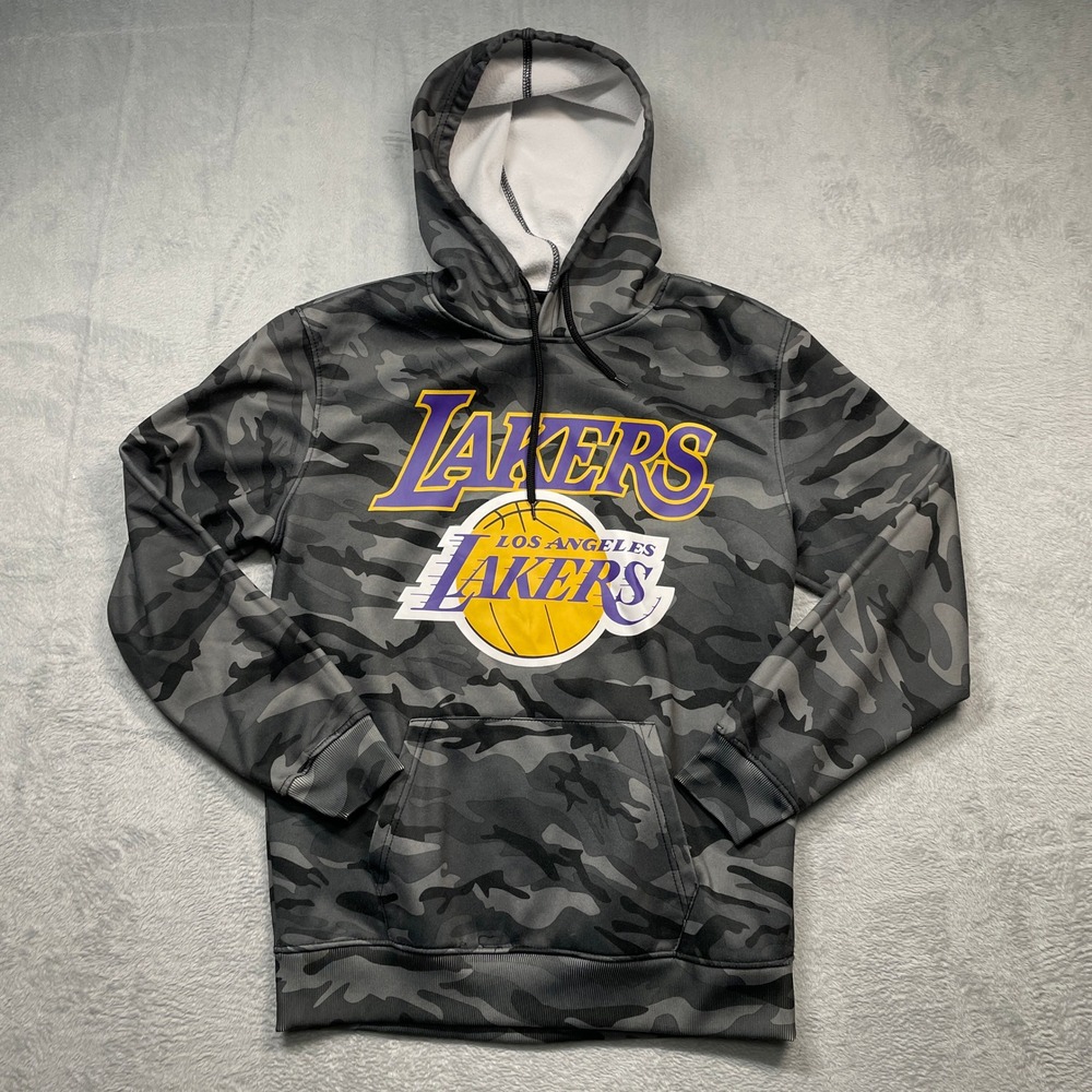 NBA Los Angeles Lakers Hoodie Mens Medium Gray Camo‎ Pullover Fleece Sweatshirt